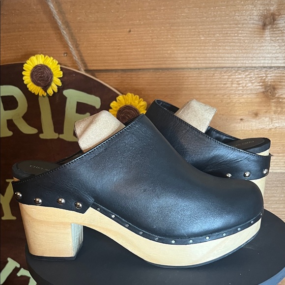Chelsea & Violet Jana Black Leather Platform Wood Clog Gromit Slip On Mule 8 8.5 - Picture 1 of 7